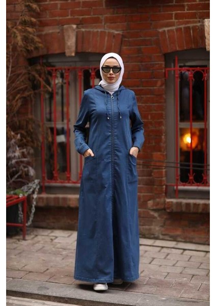6463-DENIM Kapşonlu Tensel Ferace Koyu Mavi
