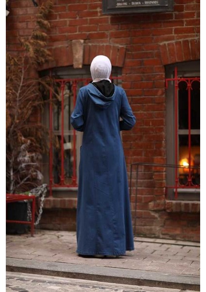 6463-DENIM Kapşonlu Tensel Ferace Koyu Mavi