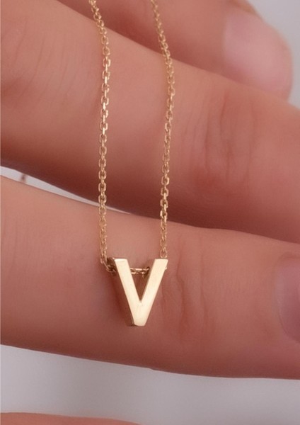 14 Ayar Altın V Harfli 3 Boyutlu Kolye