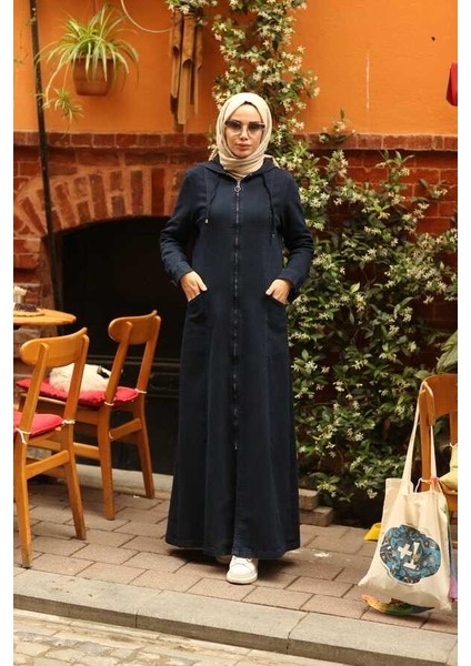 6463-DENIM Kapşonlu Ferace Lacivert fırsatları