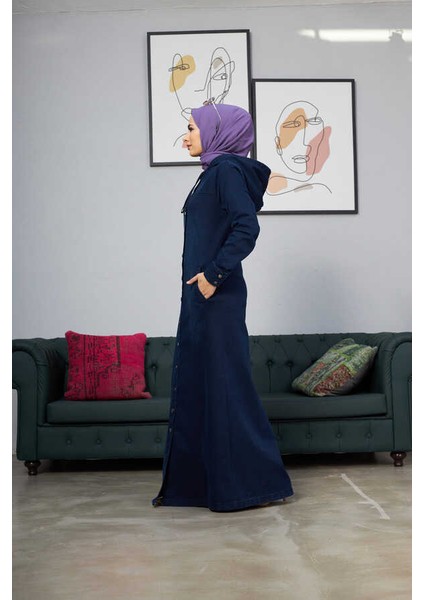 6509-DENİM Kapşonlu Ferace Lacivert