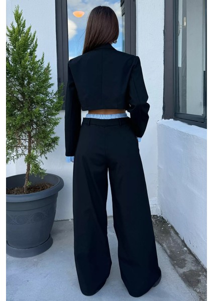 Kadın Crop Top Ceket Pantolon Ikili Takım