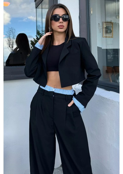 Kadın Crop Top Ceket Pantolon Ikili Takım