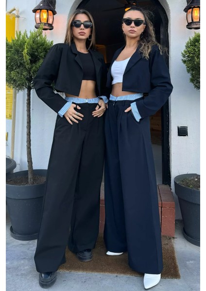 Kadın Crop Top Ceket Pantolon Ikili Takım