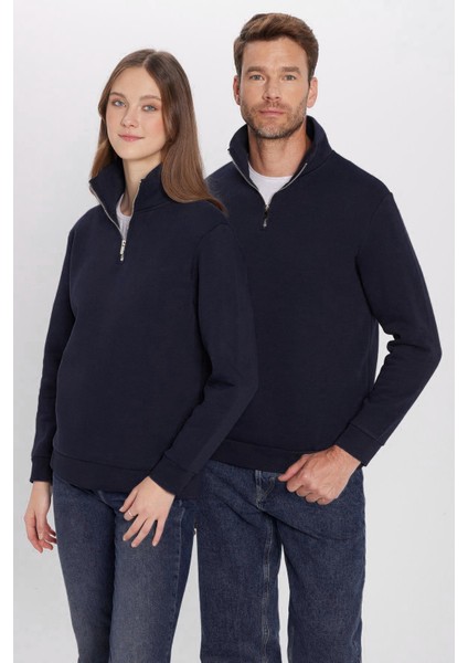 Unisex Relax Fit Rahat Kesim Pamuklu Içi Polarlı Yarım Fermuarlı Lacivert Dik Yaka Sweatshirt fırsatları