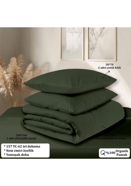 Organik Pamuk Akfil Nevresim Takımı Çift Kişilik 200X220 cm Koyu Yeşil indirimleri