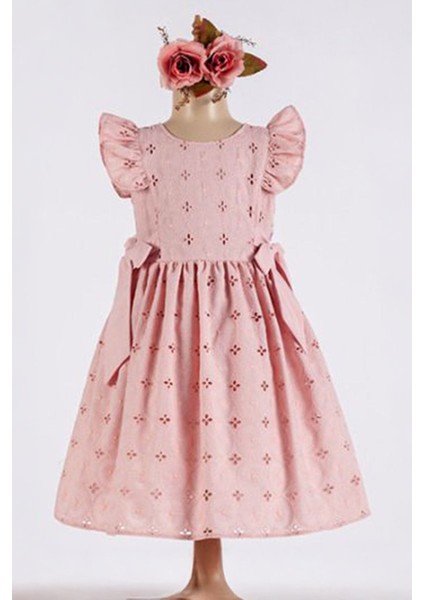 Fırfırlı Broderie Fiyonklu Kız Çocuk Elbisesi - Pembe