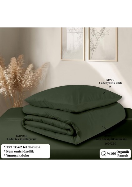 Organik Pamuk Akfil Nevresim Takımı Tek Kişilik 160X220 cm Koyu Yeşil indirimleri