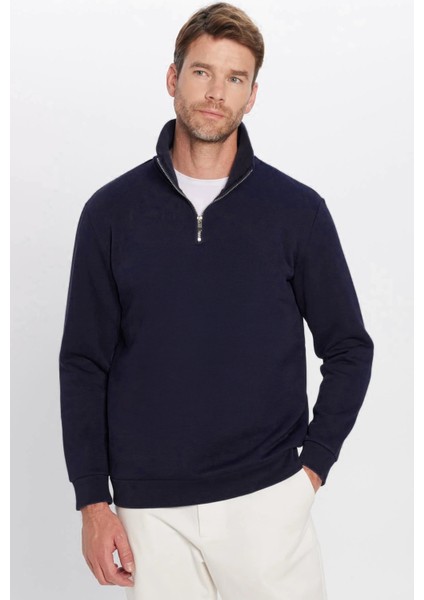 Unisex Relax Fit Rahat Kesim Pamuklu İçi Polarlı Yarım Fermuarlı Lacivert Dik Yaka Sweatshirt fiyatları