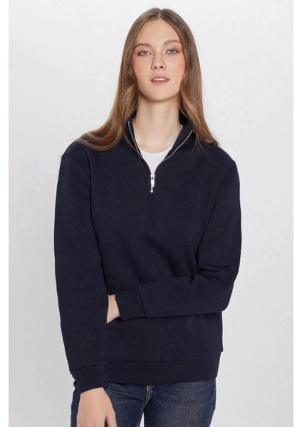 Unisex Relax Fit Rahat Kesim Pamuklu İçi Polarlı Yarım Fermuarlı Lacivert Dik Yaka Sweatshirt modelleri