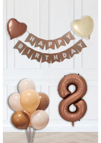 8 Yaş Retro Renkler Doğum Günü Parti Seti Çikolata Kahve Yaş Balonlu Kraft Banner Balon Zinciri Seti