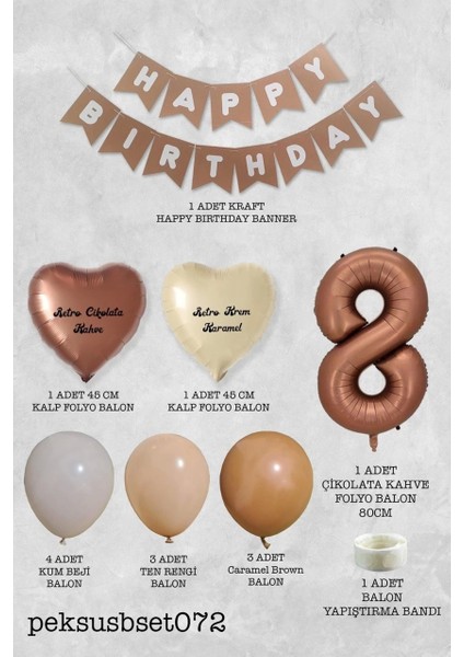 8 Yaş Retro Renkler Doğum Günü Parti Seti Çikolata Kahve Yaş Balonlu Kraft Banner Balon Zinciri Seti