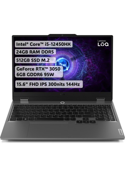 LOQ Intel Core i5 12450HX 24GB 512GB SSD RTX3050 Freedos 15.6" FHD Taşınabilir Bilgisayar 83GS0099TR