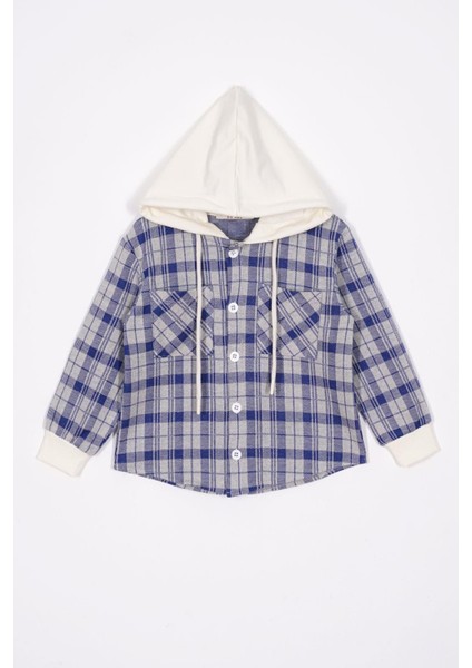 Ekose Desenli Kapüşonlu Saks Renk Erkek Çocuk Gömlek