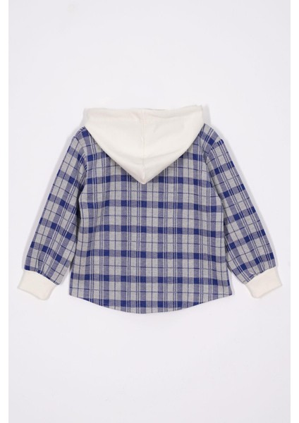 Ekose Desenli Kapüşonlu Saks Renk Erkek Çocuk Gömlek modelleri