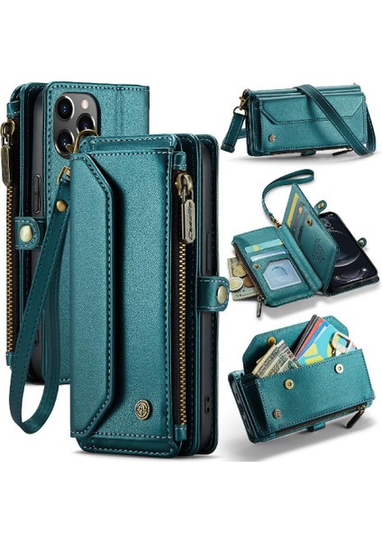 Iphone 12 /12 Pro Için Crossbody Durumda Rfid Engelleme Fermuar Faturaları Yuvası Kılıf (Yurt Dışından)