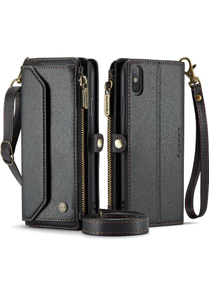 Iphone x Için Crossbody Durumda/xs Durumda Cüzdan Fermuar Faturaları Yuvası Kart Tutucu (Yurt Dışından)