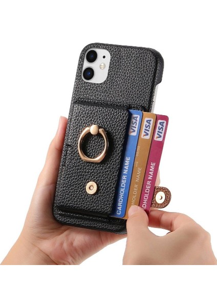 IPhone 11 Premium Dokulu Deri Halka Standı Kart Yuvaları Için Kılıf (Yurt Dışından)
