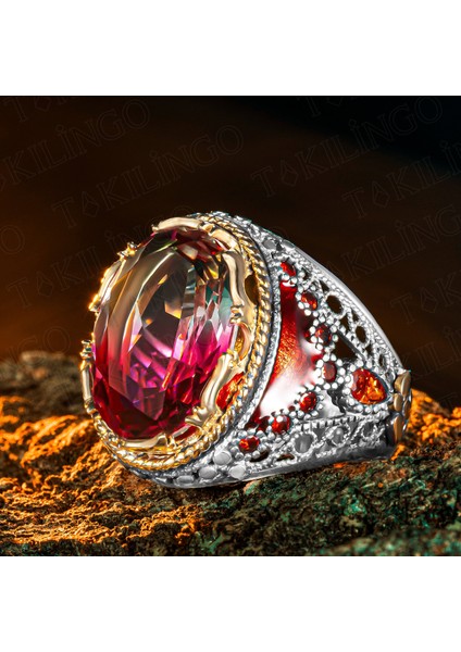 925 Ayar Gümüş Renkli Turmalin Taşlı Usta Işi Erkek Yüzük