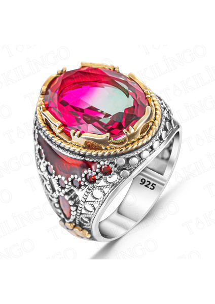 925 Ayar Gümüş Renkli Turmalin Taşlı Usta Işi Erkek Yüzük fiyatları