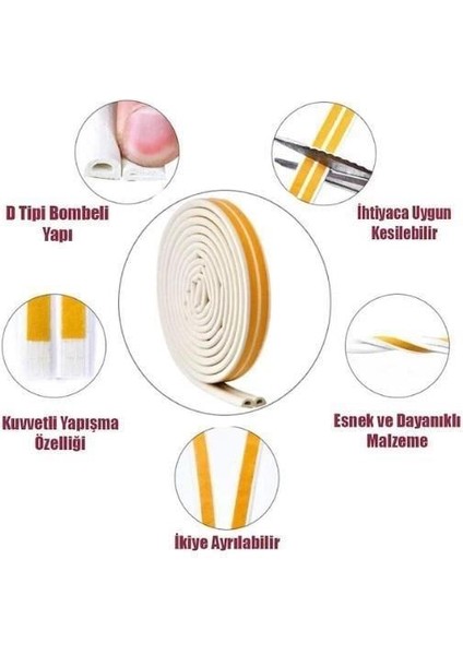 D Fitil Bondit Çift Sarım Kauçuk Kapı ve Pencere İzolasyon Bandı Fitili 5x2 10 Metre Beyaz