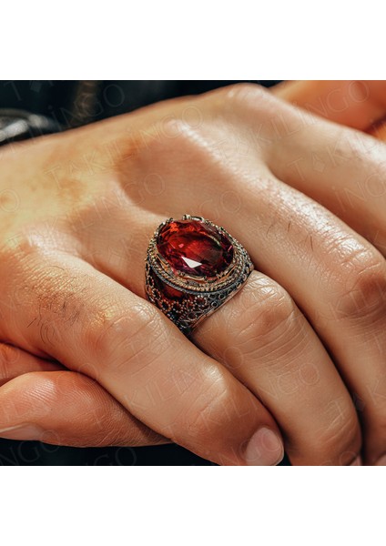 925 Ayar Gümüş Renkli Turmalin Taşlı Usta Işi Erkek Yüzük modelleri