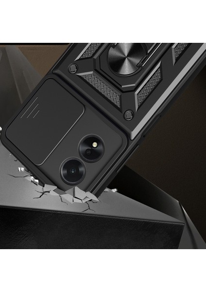 Oppo A38 Uyumlu Magnetik Standlı Kamera Korumalı Zore Sürgülü Vega Kapak-Siyah modelleri