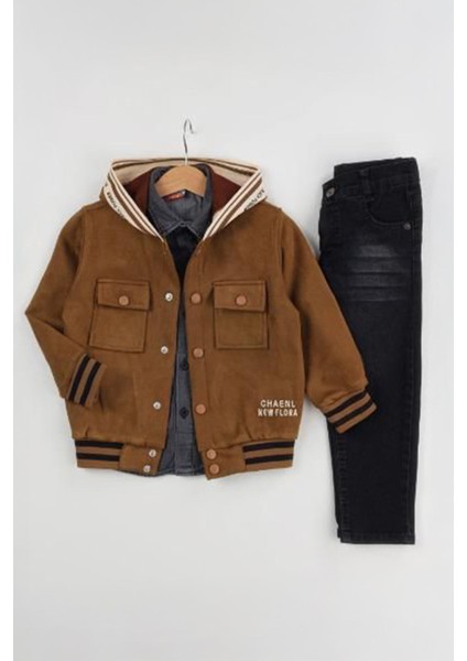 Süet Ceketli Düğme Detaylı Cepli Erkek Çocuk 3 lü takım - Taba
