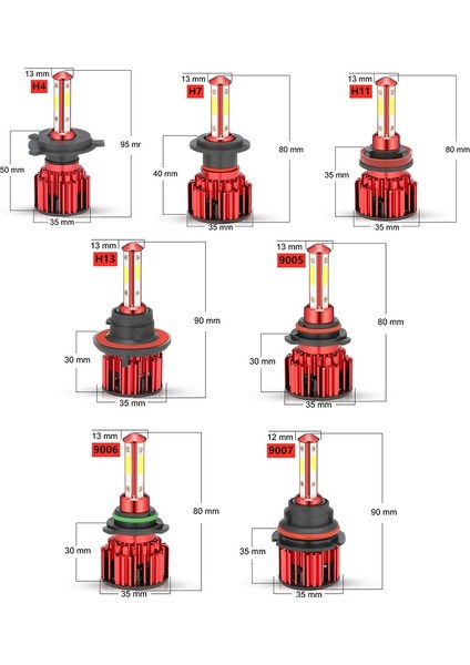 H7 Stili Kırmızı Kabuk 2 Adet H7 Led Ampuller 60W 8500Lm Araba Far Ampülleri H4 H7 H11 H Farlar 4-Yönlü Led Far Kiti Ampul 6500K (Yurt Dışından)