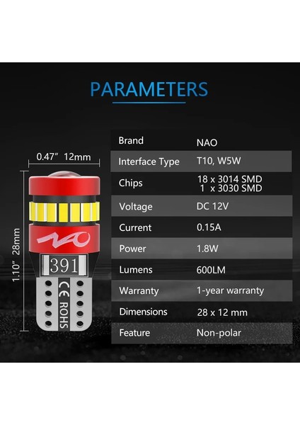 Kehribar Nao T10 Led W5W 1.8W Araba Yan Iç Işıklar 12V Süper Parlak Ampul Oto Beyaz 6000K Park Marker Kubbe Lambaları (Yurt Dışından) fırsatları