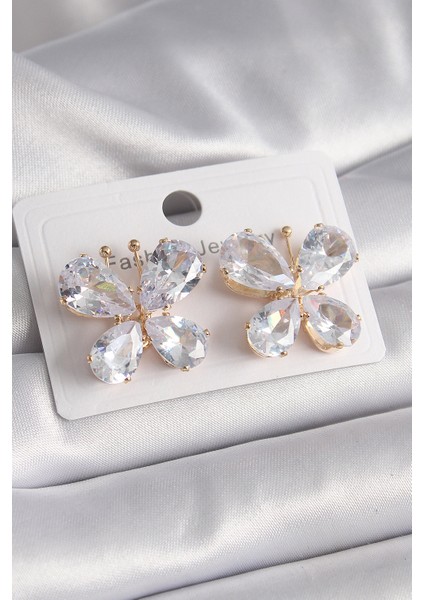 Pirinç Gold Renk Zirkon Taşlı Kelebek Model Kadın Küpe