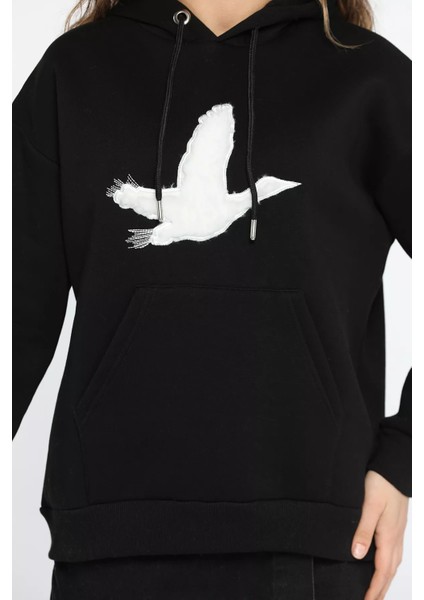 Kadın Kuş Nakışlı Kapüşonlu Şardonlu Sweatshirt fırsatları