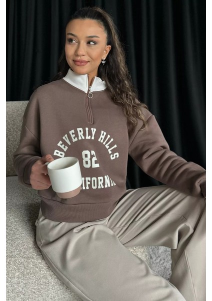 Yarım Fermuarlı Şardonlu Kadın Sweatshirt