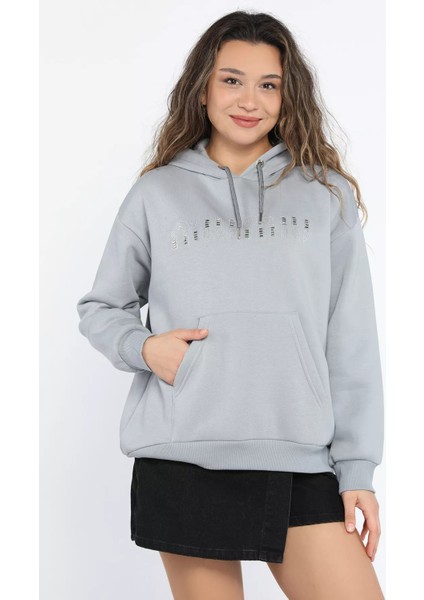 Kadın Taşlı Kapüşonlu Şardonlu Sweatshirt