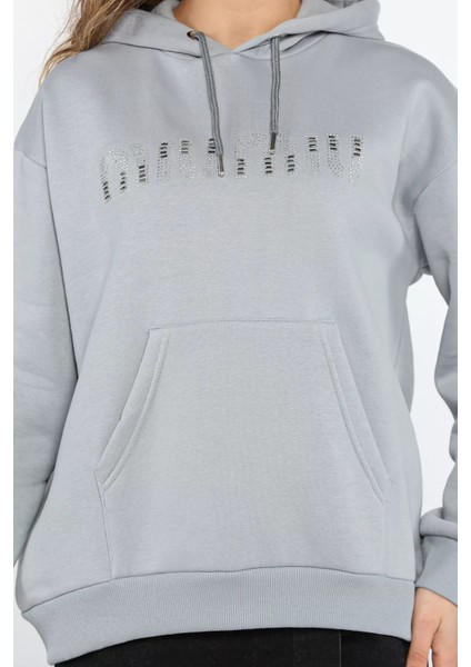 Kadın Taşlı Kapüşonlu Şardonlu Sweatshirt