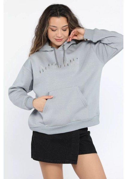 Kadın Taşlı Kapüşonlu Şardonlu Sweatshirt