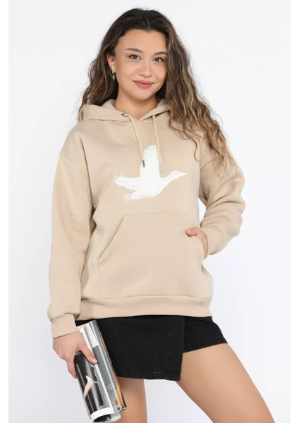 Kadın Kuş Nakışlı Kapüşonlu Şardonlu Sweatshirt