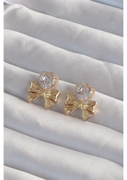 Özel Seri Pirinç Gold Renk Zirkon Taşlı Kalp Model Fiyonk Küpe
