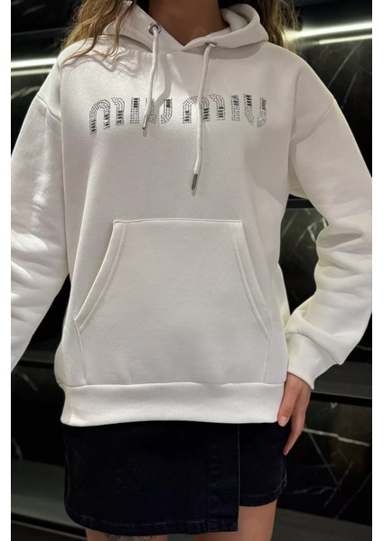 Kadın Taşlı Kapüşonlu Şardonlu Sweatshirt