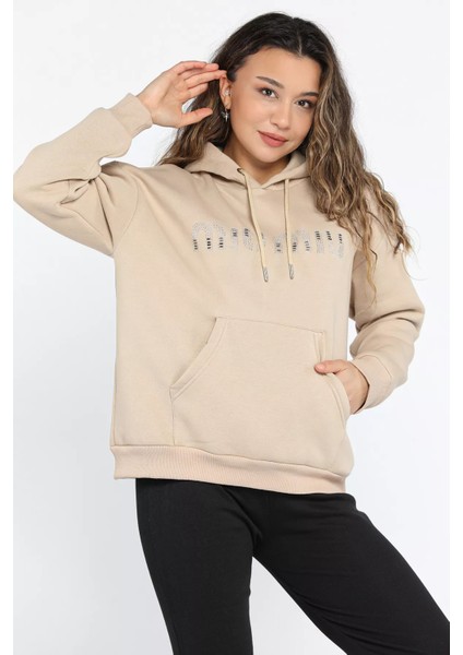 Kadın Taşlı Kapüşonlu Şardonlu Sweatshirt