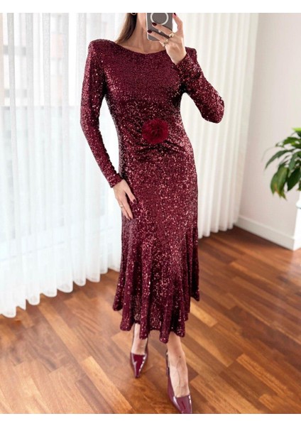 Kadın Pullu Gül Aksesuarlı Midi Bordo Elbise