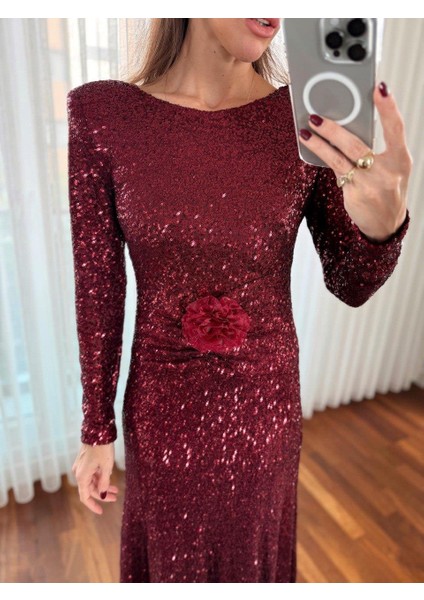 Kadın Pullu Gül Aksesuarlı Midi Bordo Elbise