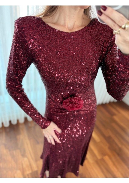 Kadın Pullu Gül Aksesuarlı Midi Bordo Elbise
