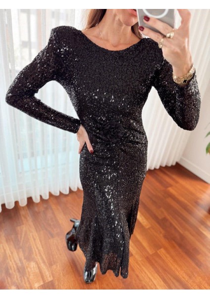 Kadın Pullu Gül Aksesuarlı Midi Siyah Elbise fiyatları