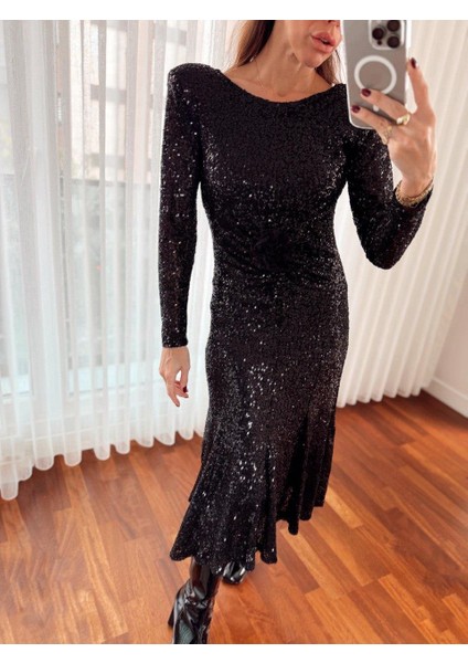 Kadın Pullu Gül Aksesuarlı Midi Siyah Elbise indirimleri