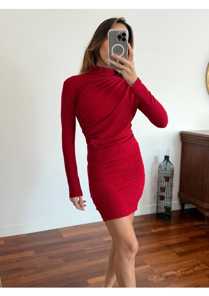 Kadın Simli Balıkçı Yaka Kırmızı Elbise