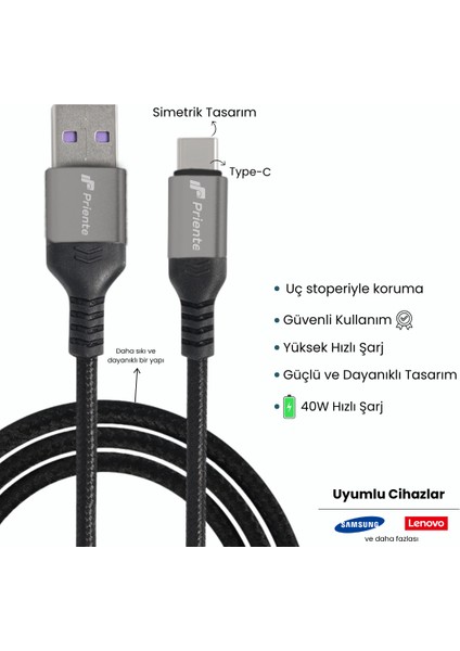 PD40CA 40W Örgülü Type-C To Usb-A Hızlı Data/şarj Kablosu 1.5 Metre (Priente Türkiye Garantili)