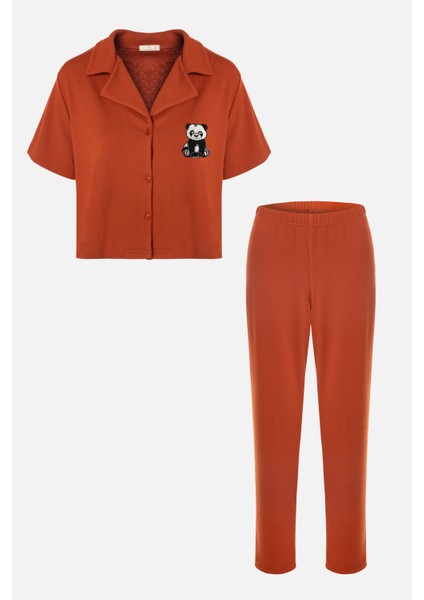 Kadın Gömlek Yaka Rakun Nakışlı Fitilli Örme Pijama Takımı