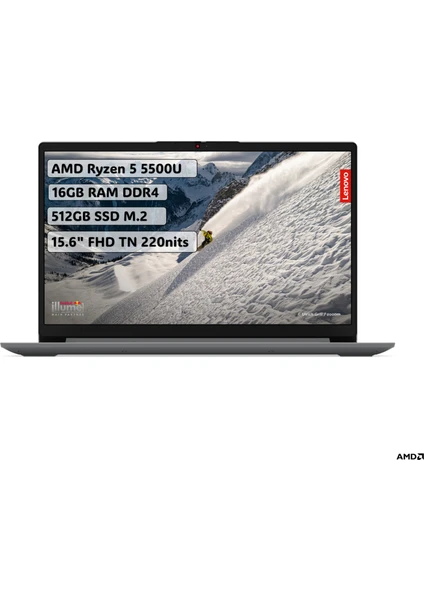 Ideapad 1 AMD Ryzen 5 5500U 16GB 512GB SSD Freedos 15.6" FHD Taşınabilir Bilgisayar 82R400R6TX