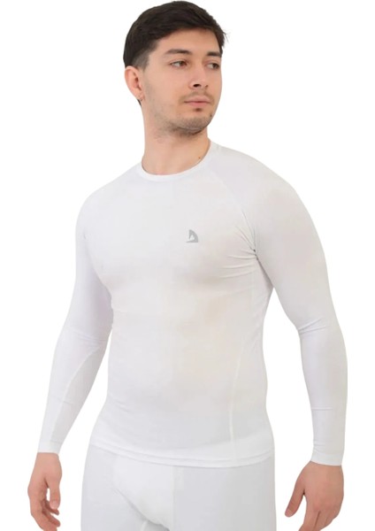 Erkek Beyaz Uzun Kollu Compression Fitness Gym Body Tshirt DMN25478